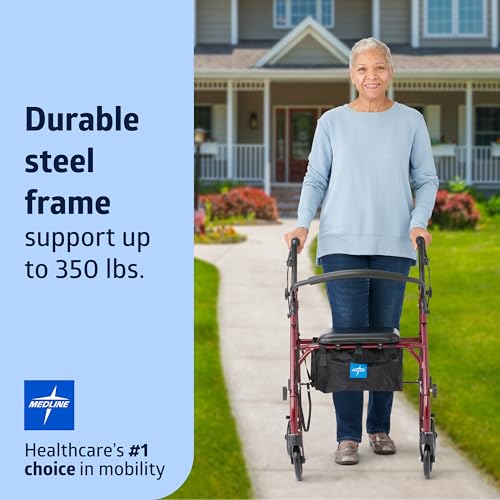 Medline Rollator Walker with Seat, Steel Rolling Walker with 15.24 cm Wheels Supports up to 159 kg, Burgundy ( tag missing parts Bluky )