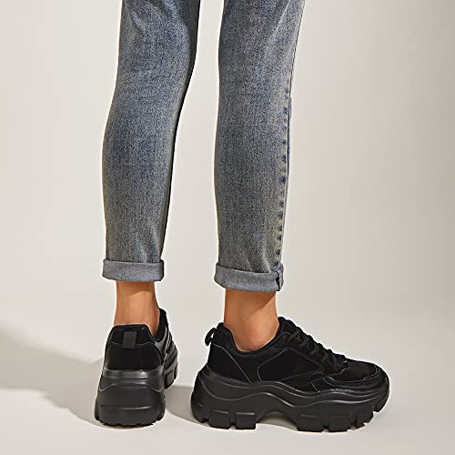 SIZE: 39 - LUCKY STEP Women Chunky Platform Dad Colorblock White Neon Green Fuchsia Hologram Silver Casual Lace-Up Walking Sneakers(Black with Chain,7 B(M) US)