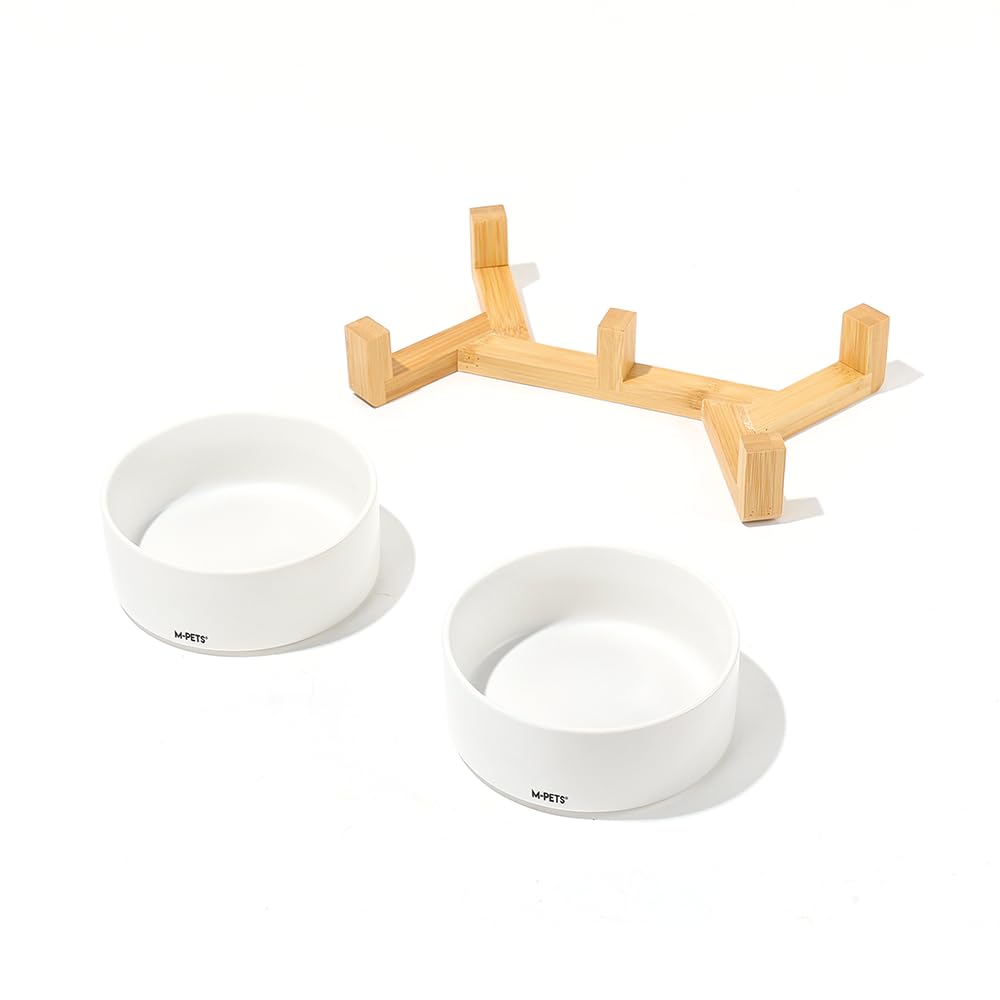 M-PETS Opera Ceramic Bowls with Bamboo Stand - White, 2 × 850ml