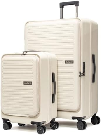 ANTLER Front Pocket Hardside Luggage Set of 2, Expandable 4 Double Wheeled Suitcase for Travel And business Trip. Anti Theft Double Zipper, TSA Lock (Beige)