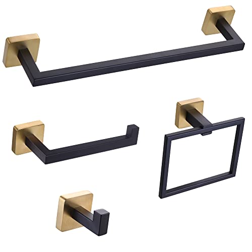 Ntipox 4 Pieces Black and Brushed Gold Bathroom Hardware Accessories Set,Stainless Steel Square 16" Hand Towel Bar Set Gold, Towel Rack Set Wall Mounted
