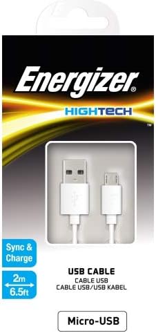 Energizer High tech Fast Charging Long micro-USB Cable, Ultra Resistant 2.4A, Fast Sync and Charging Round 2M Cable - White