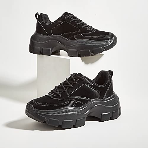 SIZE: 39 - LUCKY STEP Women Chunky Platform Dad Colorblock White Neon Green Fuchsia Hologram Silver Casual Lace-Up Walking Sneakers(Black with Chain,7 B(M) US)