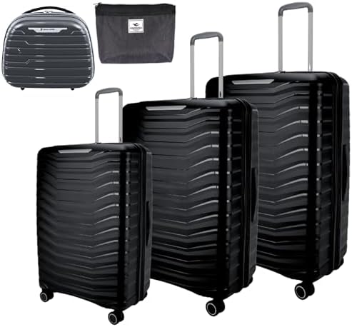 Pierre Cardin Unbreakable Luggage,Expandable Zipper,4 Spiner Whels, Set of 4 PCS (Black)