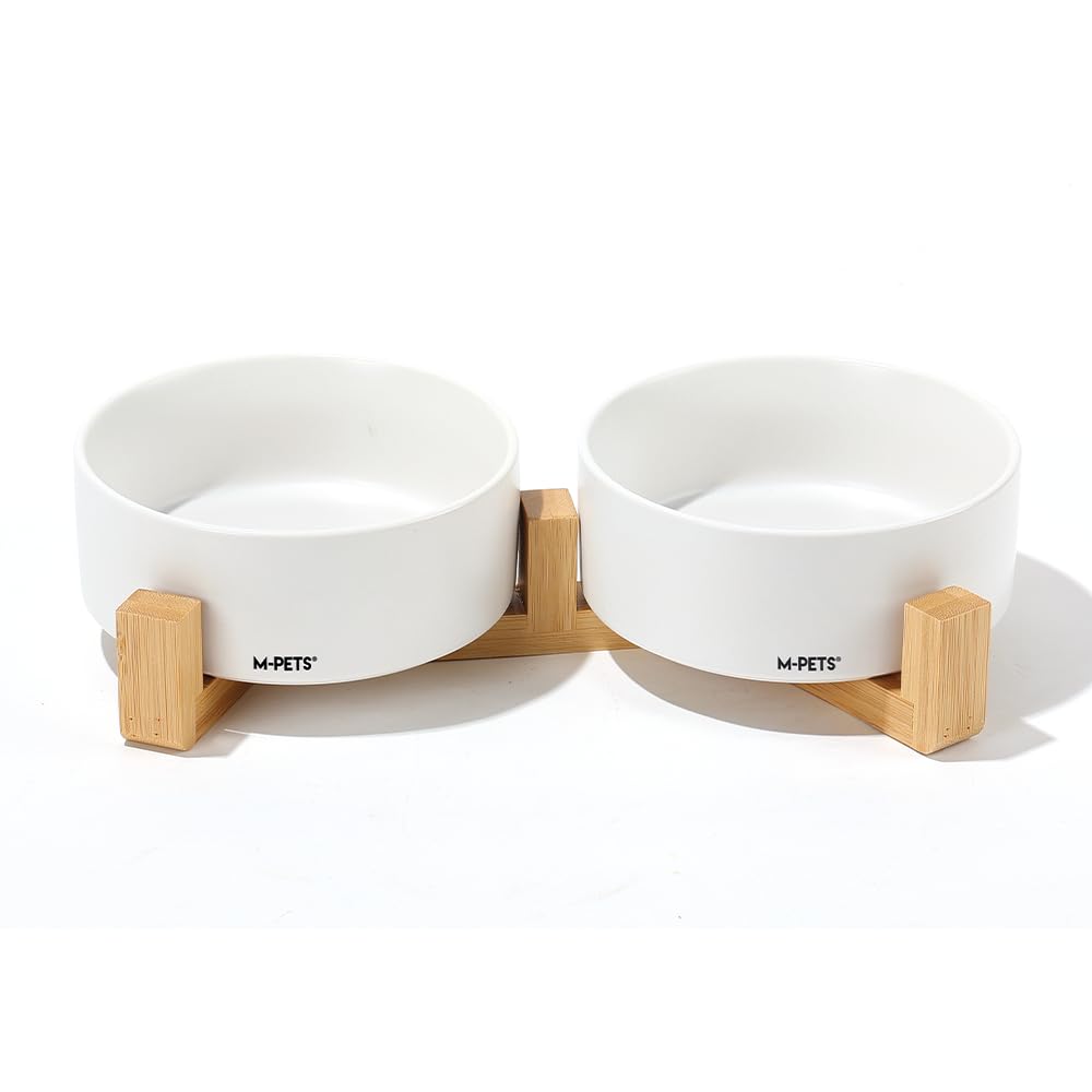 M-PETS Opera Ceramic Bowls with Bamboo Stand - White, 2 × 850ml