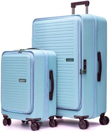 ANTLER Front Pocket Hardside Luggage Set of 2, Expandable 4 Double Wheeled Suitcase for Travel And business Trip. Anti Theft Double Zipper, TSA Lock (Blue)