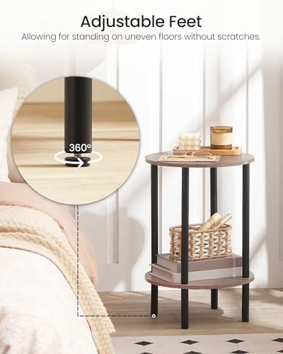 CHOEZON Round Side Table, 2-Tier End Table, Small Round Nightstand with Sturdy Metal Tube, Industrial Coffee Table Round, for Living Room, Bedroom, Greige and Black TBZ01BG