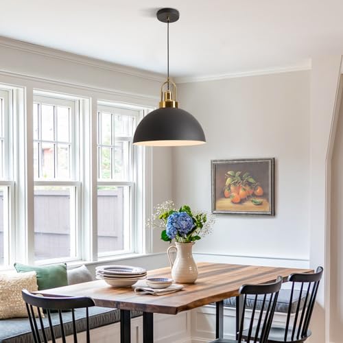 YHANFENGCY Vintage Industrial Matte Black painted shade, Matte Gold painted inside Iron Pendant Light, - Diameter 35 CM - Wire Length 200 CM