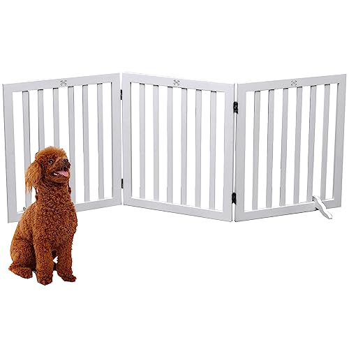 Wooden Dog Gate Freestanding Pet Gate Collapsible Dog Fence,3 Panel 60 cm Height-White