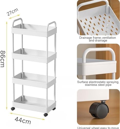 Prince horizon 3-5 Tier Rolling Utility Cart, Multifunctional Metal Frame Storage Cart for Office, Home, Kitchen, Bedroom, Bathroom, Laundry Room (White, 27x44x86 CM)