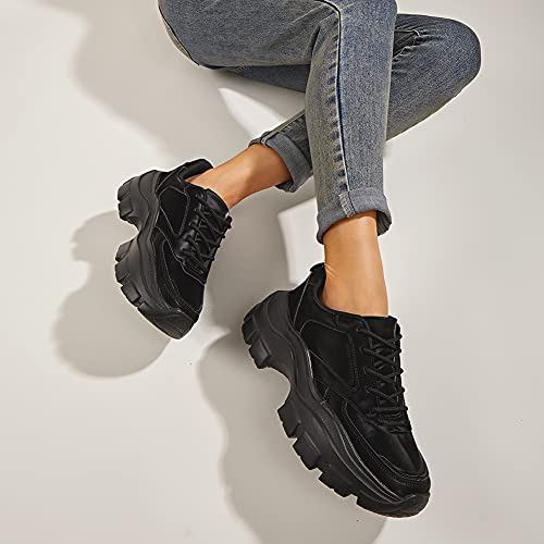 SIZE: 39 - LUCKY STEP Women Chunky Platform Dad Colorblock White Neon Green Fuchsia Hologram Silver Casual Lace-Up Walking Sneakers(Black with Chain,7 B(M) US)