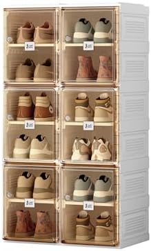 Antbox Shoe Organizer Storage Box, Portable Folding Shoe Rack for Closet with Magnetic Clear Door,Large Sneaker Cabinet Bins All-in-one Sturdy Easy Assembly 6 Layers-12 Grids, Brown (S2-S12-D6)