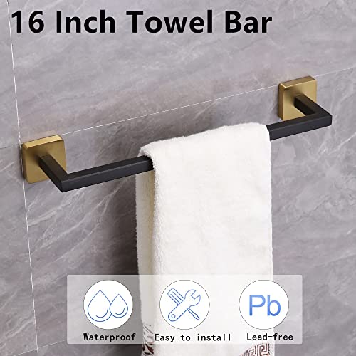 Ntipox 4 Pieces Black and Brushed Gold Bathroom Hardware Accessories Set,Stainless Steel Square 16" Hand Towel Bar Set Gold, Towel Rack Set Wall Mounted