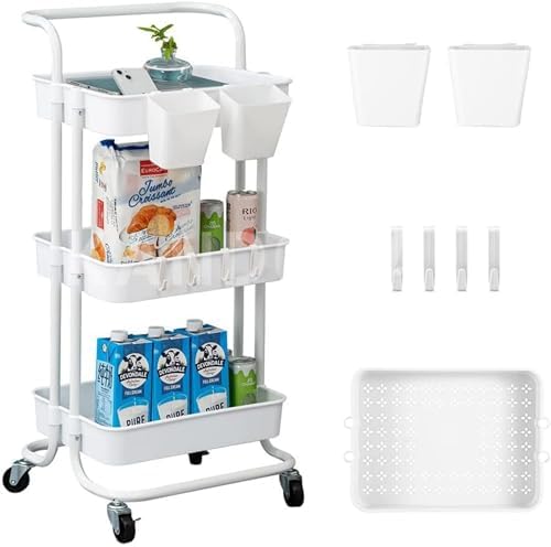 Prince horizon Rolling Storage Utility Cart, Multifunctional Metal Frame Storage Cart for Office, Home, Kitchen, Bedroom, Bathroom, Laundry Room (White, 39x36x80 CM)