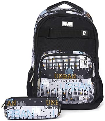 Pierre Cardin 2pcs Set Kids School Backpack with Pencil Case Dimensions: 47x34x15cm (PC23831- Black Urban City)