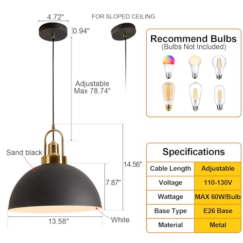 YHANFENGCY Vintage Industrial Matte Black painted shade, Matte Gold painted inside Iron Pendant Light, - Diameter 35 CM - Wire Length 200 CM