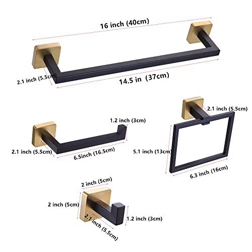 Ntipox 4 Pieces Black and Brushed Gold Bathroom Hardware Accessories Set,Stainless Steel Square 16" Hand Towel Bar Set Gold, Towel Rack Set Wall Mounted