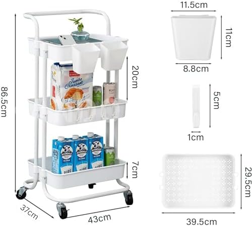 Prince horizon Rolling Storage Utility Cart, Multifunctional Metal Frame Storage Cart for Office, Home, Kitchen, Bedroom, Bathroom, Laundry Room (White, 39x36x80 CM)