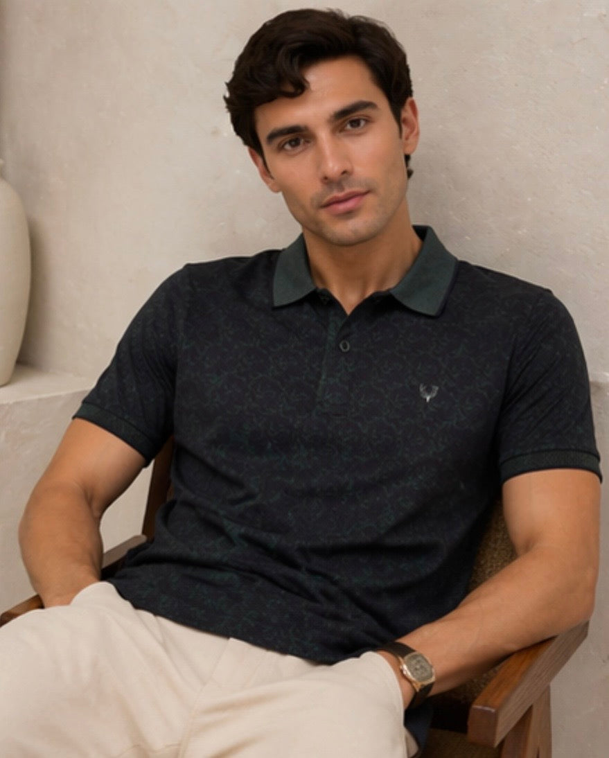 ALLEN SOLLY GREEN TEXTURED POLO T-SHIRT MEN
