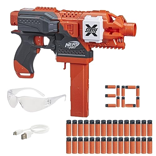 مسدس NERF Pro Stryfe X Dart شبه آلي، بطارية ليثيوم بوليمر قابلة لإعادة الشحن، 30 سهم AccuStrike نصف الطول، مخزن 15 سهمًا، 150 إطارًا في الثانية، نظارات، 14+ (حصريًا على أمازون)