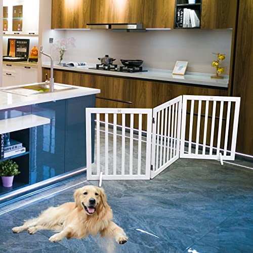 Wooden Dog Gate Freestanding Pet Gate Collapsible Dog Fence,3 Panel 60 cm Height-White