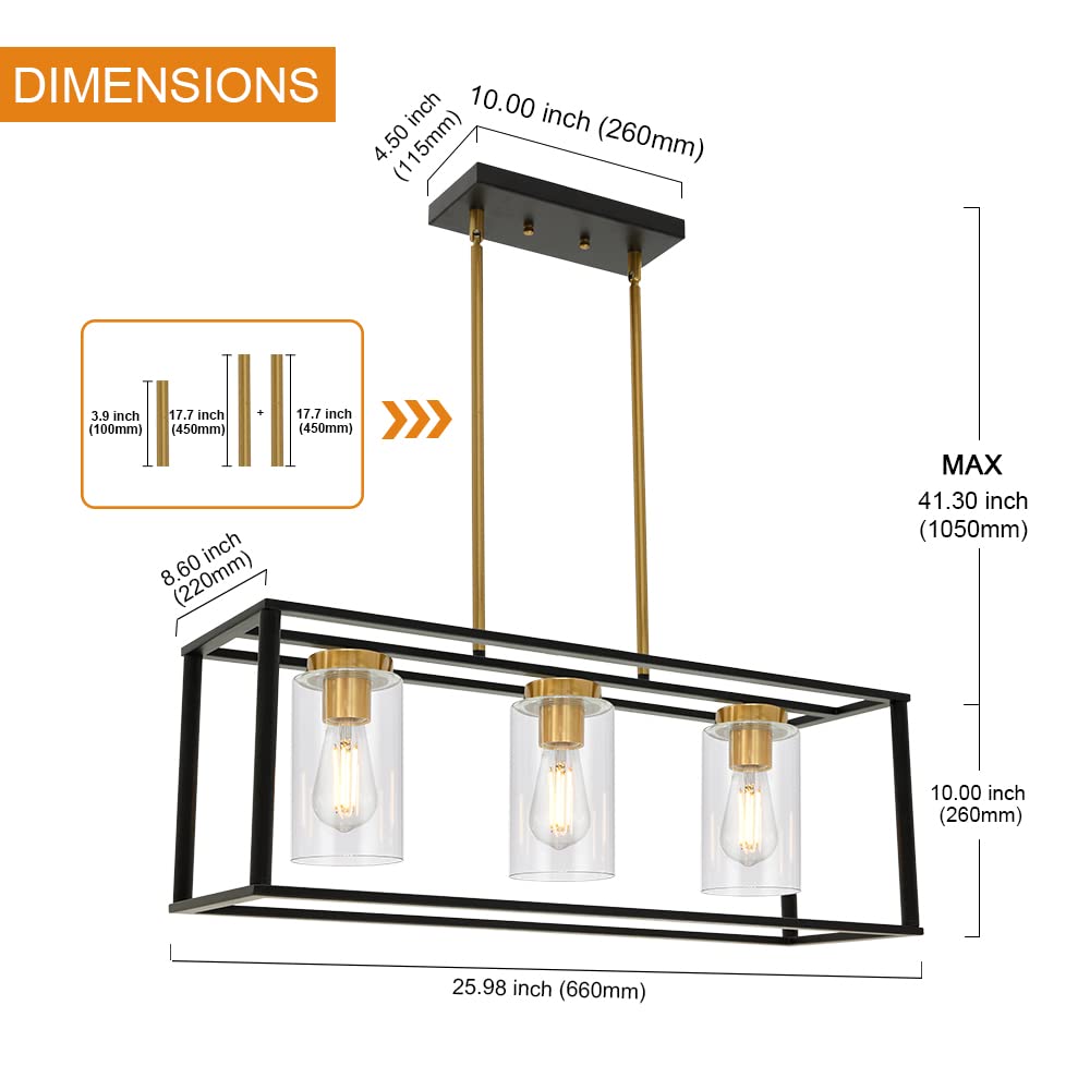 VINLUZ Industrial Chandeliers 3 Light with Clear Glass Shade Brushed Brass and Black