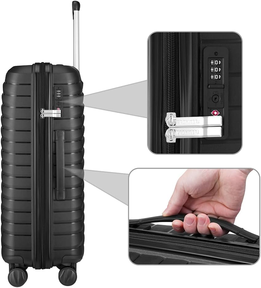 Set of 4 Hard Suitcases with Ultra Shock Resistant Polypropylene Beauty Case, Telescopic Handle Trolley and Easy Roll Wheels, Reinforced Code Lock and Modern Design, Black, 78 × 52,5 × 29,5