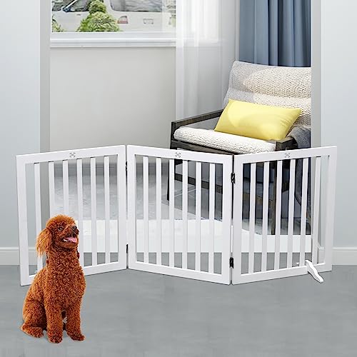 Wooden Dog Gate Freestanding Pet Gate Collapsible Dog Fence,3 Panel 60 cm Height-White