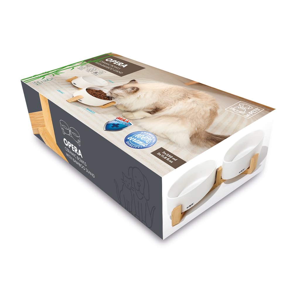 M-PETS Opera Ceramic Bowls with Bamboo Stand - White, 2 × 850ml