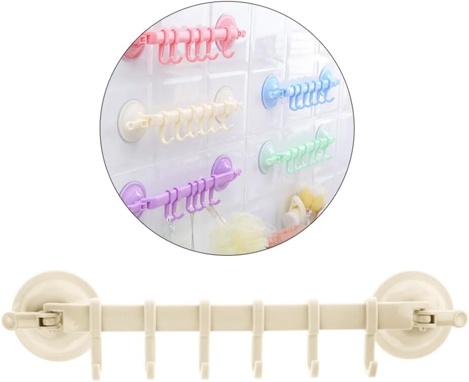 Generic Bathroom Kitchen Locking 6 Hooks Suction Cup Rack Beige