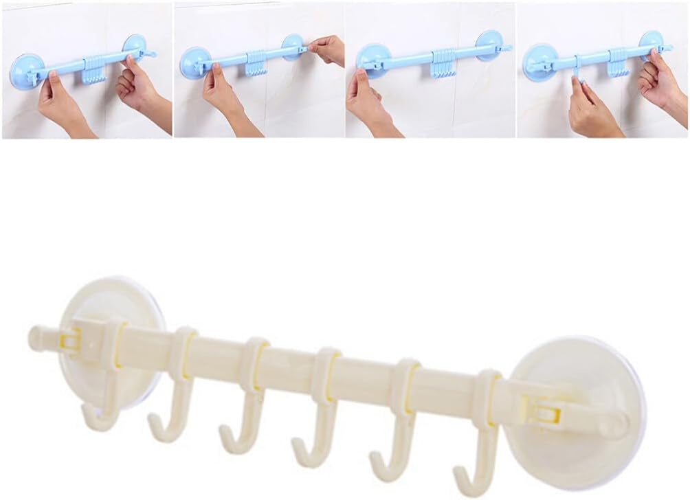 Generic Bathroom Kitchen Locking 6 Hooks Suction Cup Rack Beige