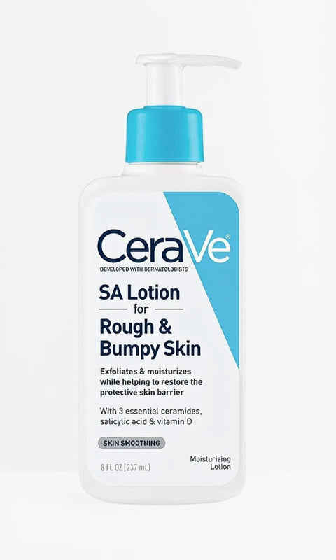 A pump bottle of CeraVe SA Lotion for Rough & Bumpy Skin, with labels indicating its use, ingredients like Vitamin D and Hyaluronic Acid, and its fragrance-free and allergy-tested qualities.