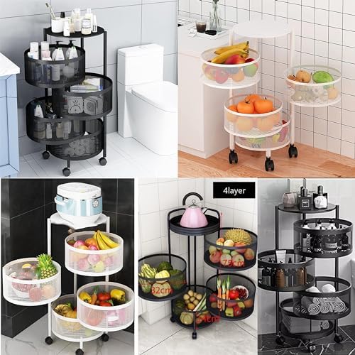 Prince horizone Multi-Layer Kitchen Storage Shelf, Rotatable Kitchen Fruit Vegetable Storage Basket, Storage Rack Floor Standing (Black, 30x30x60 CM)