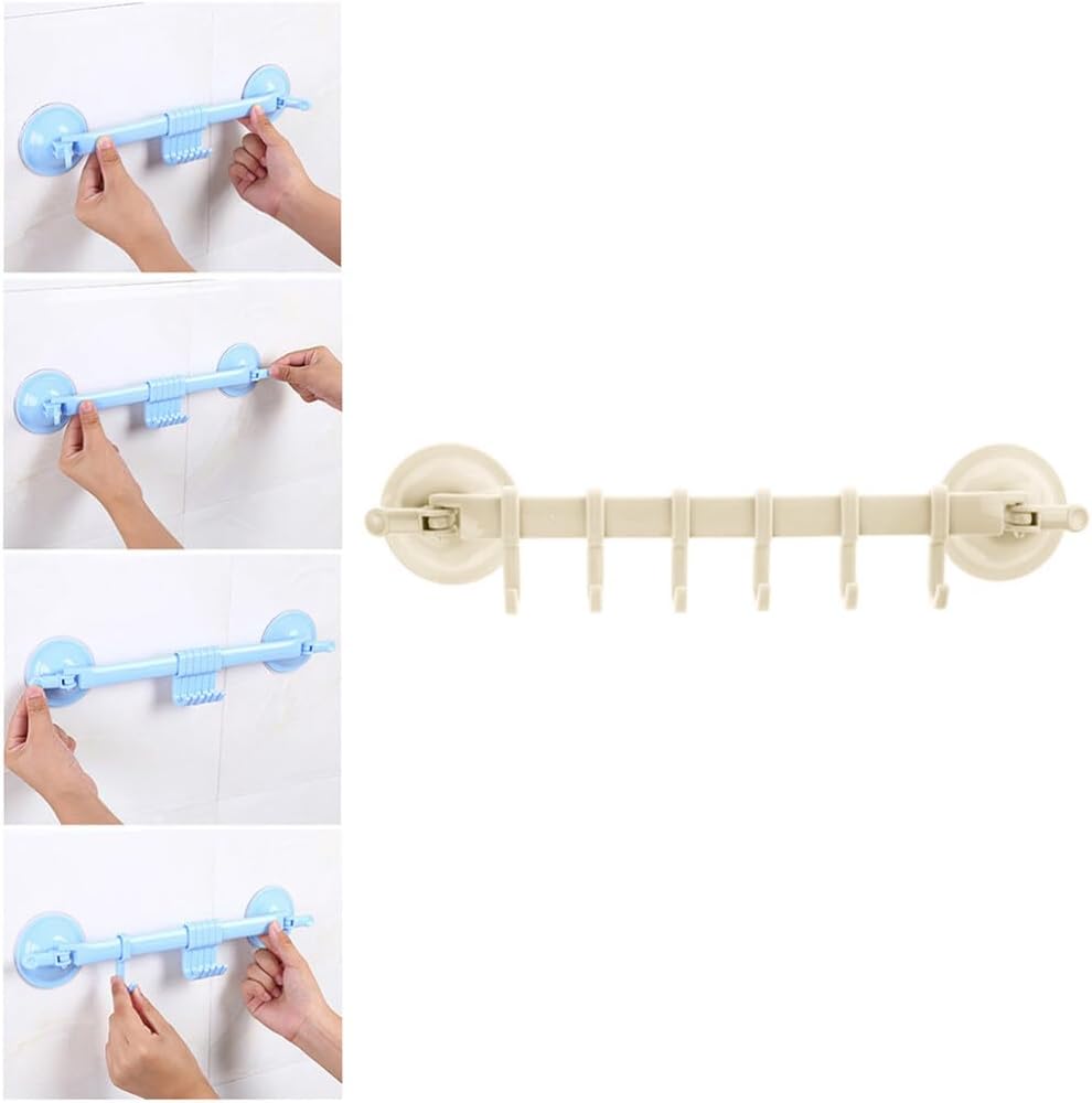 Generic Bathroom Kitchen Locking 6 Hooks Suction Cup Rack Beige