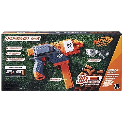 مسدس NERF Pro Stryfe X Dart شبه آلي، بطارية ليثيوم بوليمر قابلة لإعادة الشحن، 30 سهم AccuStrike نصف الطول، مخزن 15 سهمًا، 150 إطارًا في الثانية، نظارات، 14+ (حصريًا على أمازون)