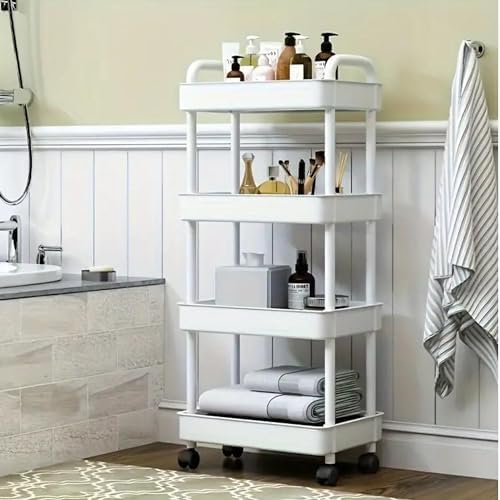Prince horizon 3-5 Tier Rolling Utility Cart, Multifunctional Metal Frame Storage Cart for Office, Home, Kitchen, Bedroom, Bathroom, Laundry Room (White, 27x44x86 CM)
