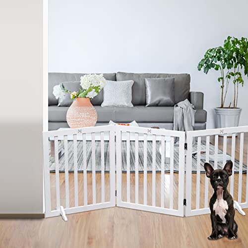 Wooden Dog Gate Freestanding Pet Gate Collapsible Dog Fence,3 Panel 60 cm Height-White