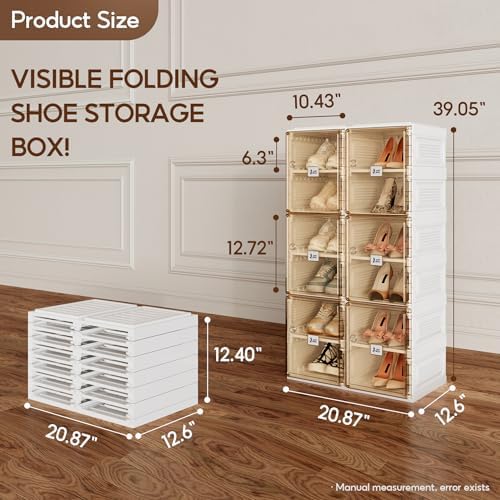 Antbox Shoe Organizer Storage Box, Portable Folding Shoe Rack for Closet with Magnetic Clear Door,Large Sneaker Cabinet Bins All-in-one Sturdy Easy Assembly 6 Layers-12 Grids, Brown (S2-S12-D6)