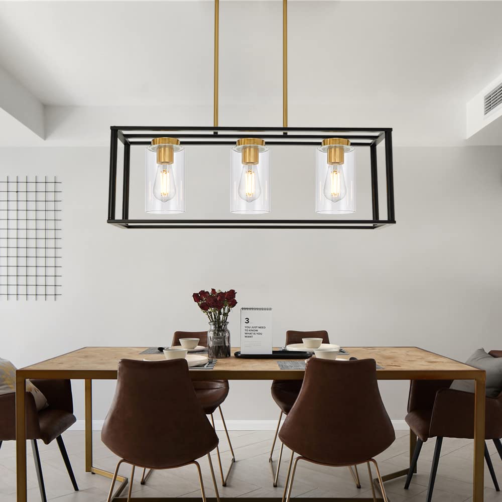 VINLUZ Industrial Chandeliers 3 Light with Clear Glass Shade Brushed Brass and Black