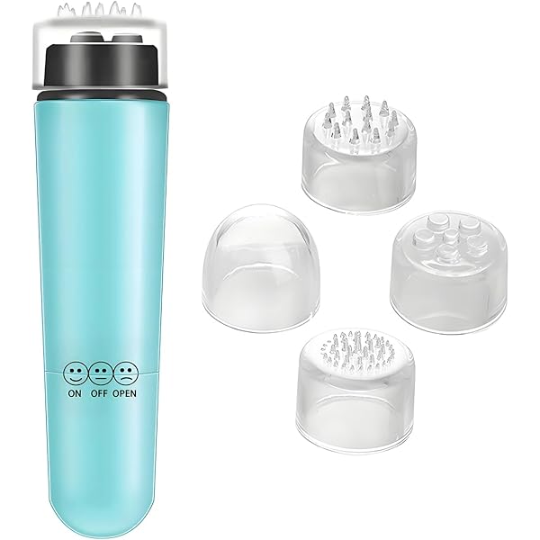 Finever Mini Handheld Vibrating Massager for Women – Portable Face & Body Relaxation Tool with 4 Interchangeable Heads – Compact Pen Design – for Face, Neck, Shoulders, Head & Back  Cyan/Light Blue