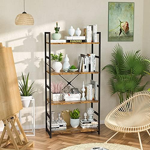 NUMENN 4 Tier Bookshelf, Tall Bookcase Shelf Storage Organizer, Modern Book Shelf for Bedroom, Living Room and Home Office, Vintage