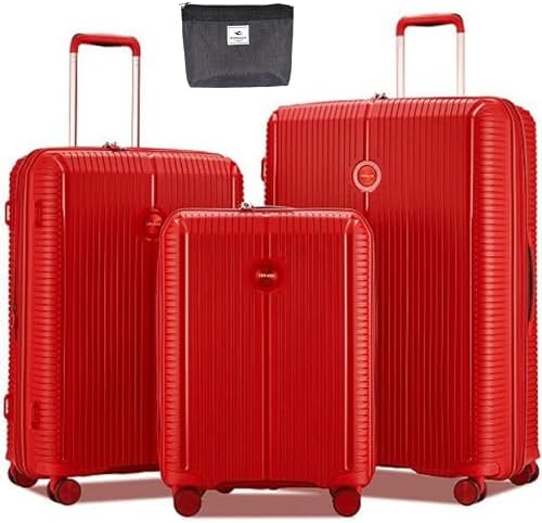 VERAGE Unbreakable Luggage Set of 3 TSA Approved Lock, Expandale Suitcase for Travel, Anti Theft Double Zipper (RED)