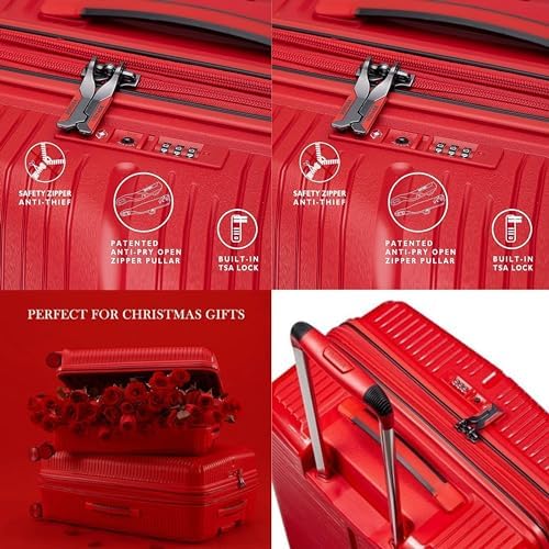 VERAGE Unbreakable Luggage Set of 3 TSA Approved Lock, Expandale Suitcase for Travel, Anti Theft Double Zipper (RED)