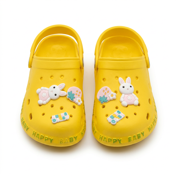 Kids' Classic Bright Yellow Clogs with Cute Cartoon Bunny & Strawberry Charms.