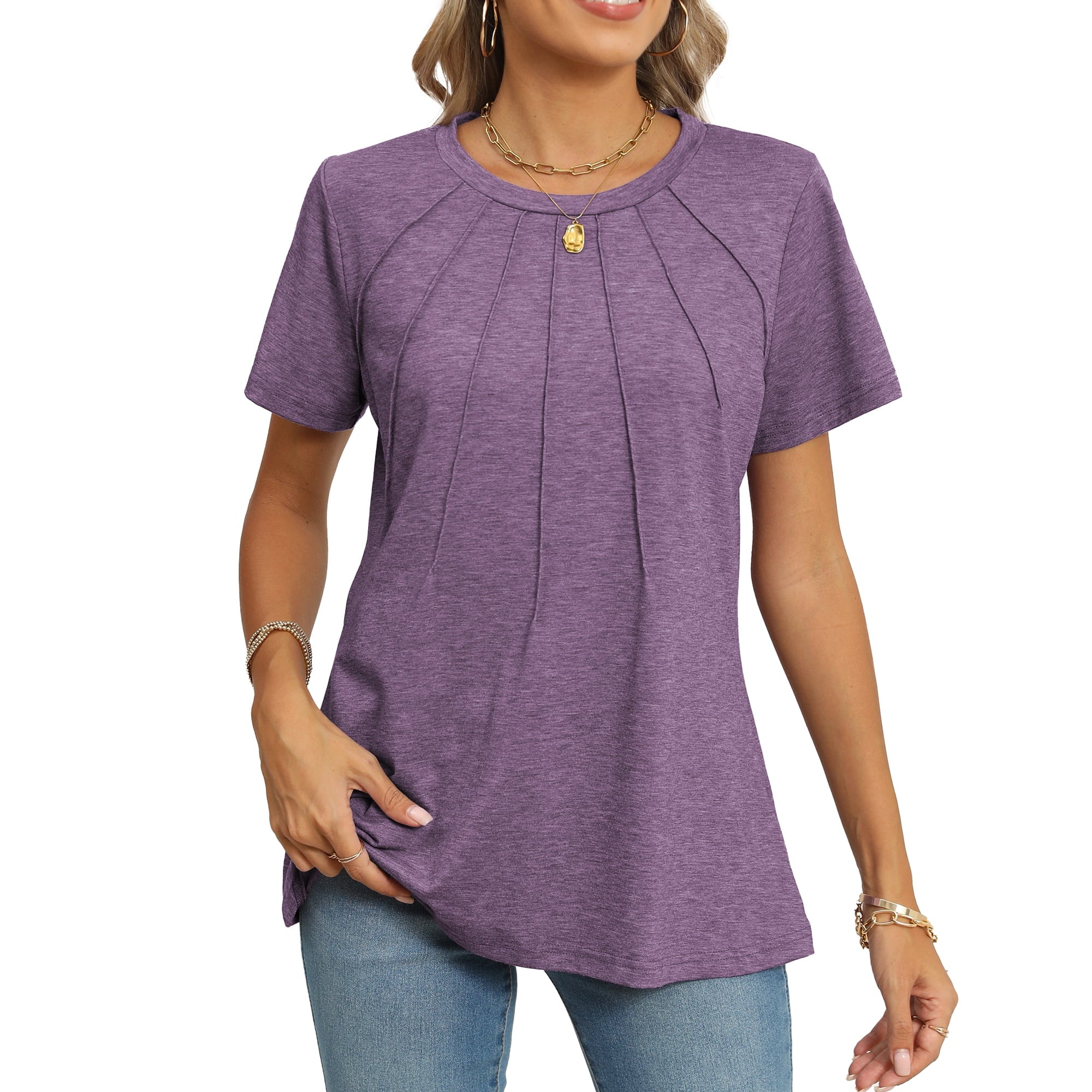 SIZE: M - Rosvigor Blouses for Women Short Sleeve Shirts Casual Dressy Summer Tops with Pleats