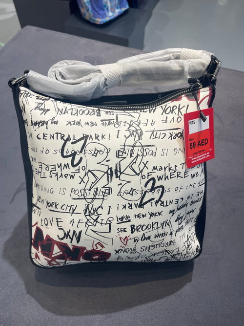 DKNY Graffiti Print Crossbody Bag – White, Red & Black Street Art Shoulder Bag
