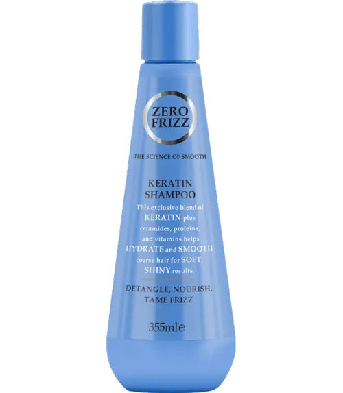 Zero Frizz Keratin Shampoo bottle (355ml) for frizzy hair control and smooth, manageable texture.