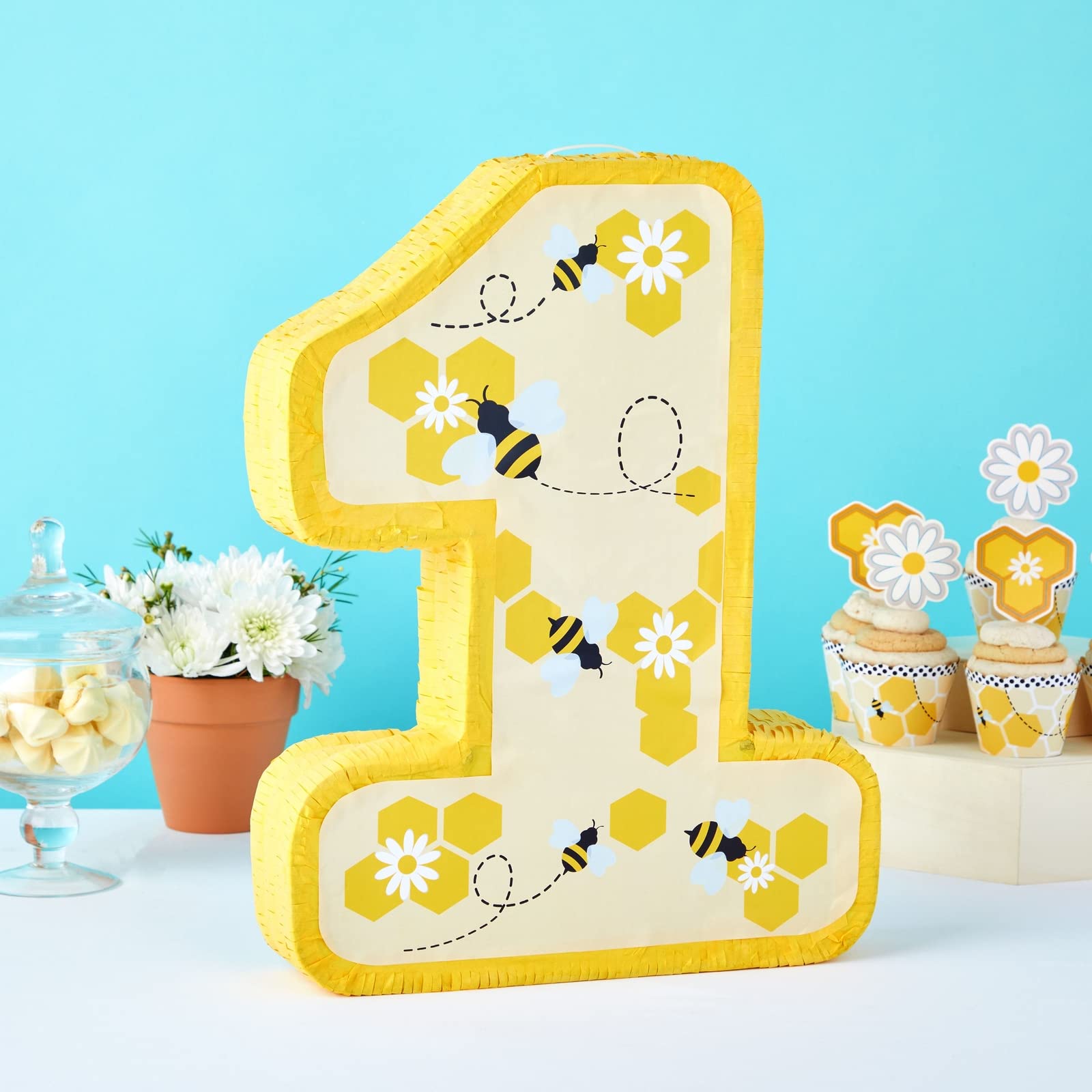 Blue Panda Number 1 Pinata for First Bee Day Party Decorations, Bumblebee, Honeycomb, Honey, and Sunflower Designs, Easy to Fill and Hang (Small, Yellow, 10.8x16.5x3 in)