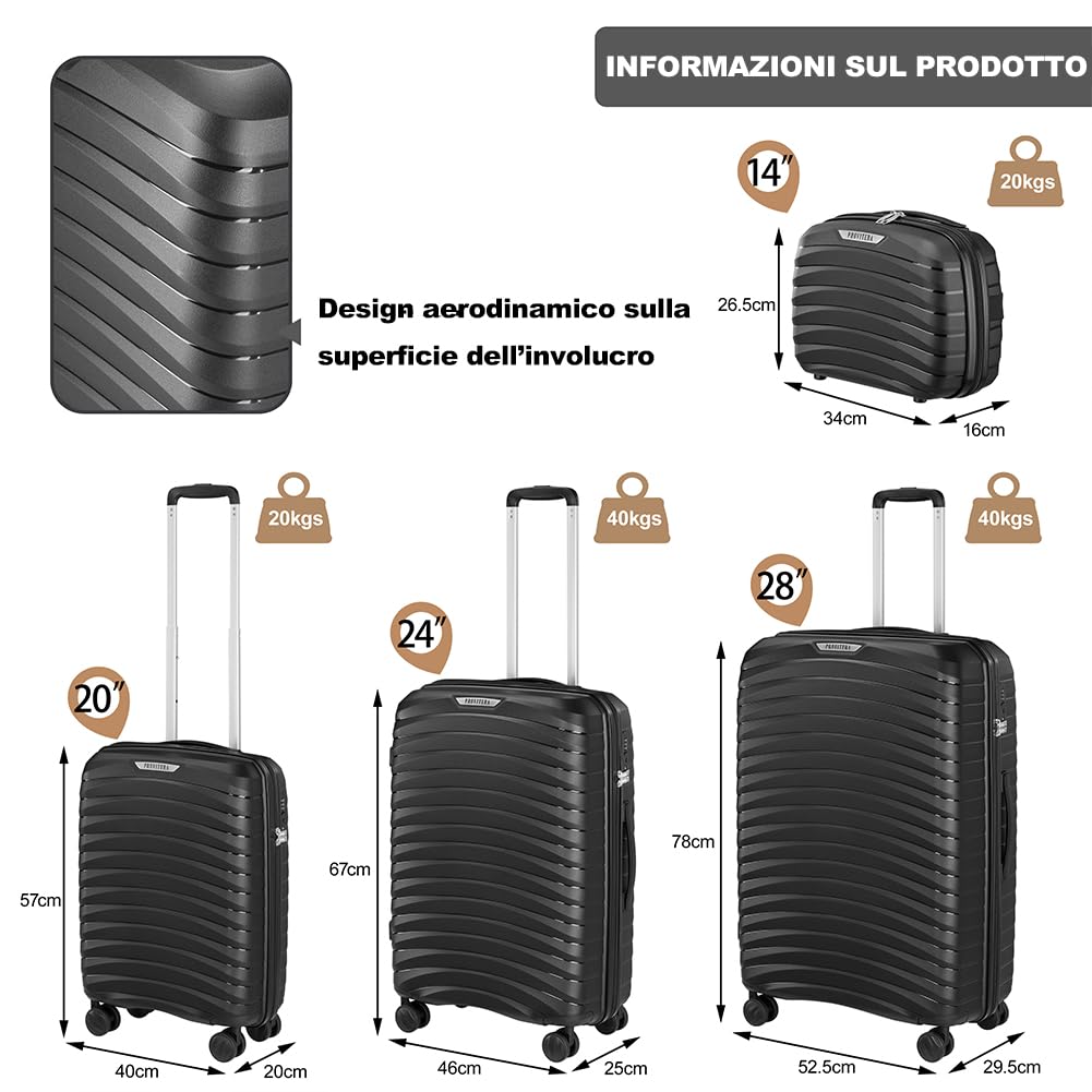 Set of 4 Hard Suitcases with Ultra Shock Resistant Polypropylene Beauty Case, Telescopic Handle Trolley and Easy Roll Wheels, Reinforced Code Lock and Modern Design, Black, 78 × 52,5 × 29,5
