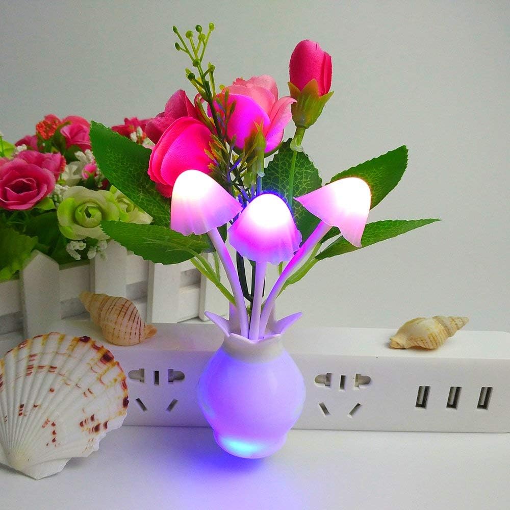 Color-Changing Mushroom Night Lights with Pink Carnation Roses